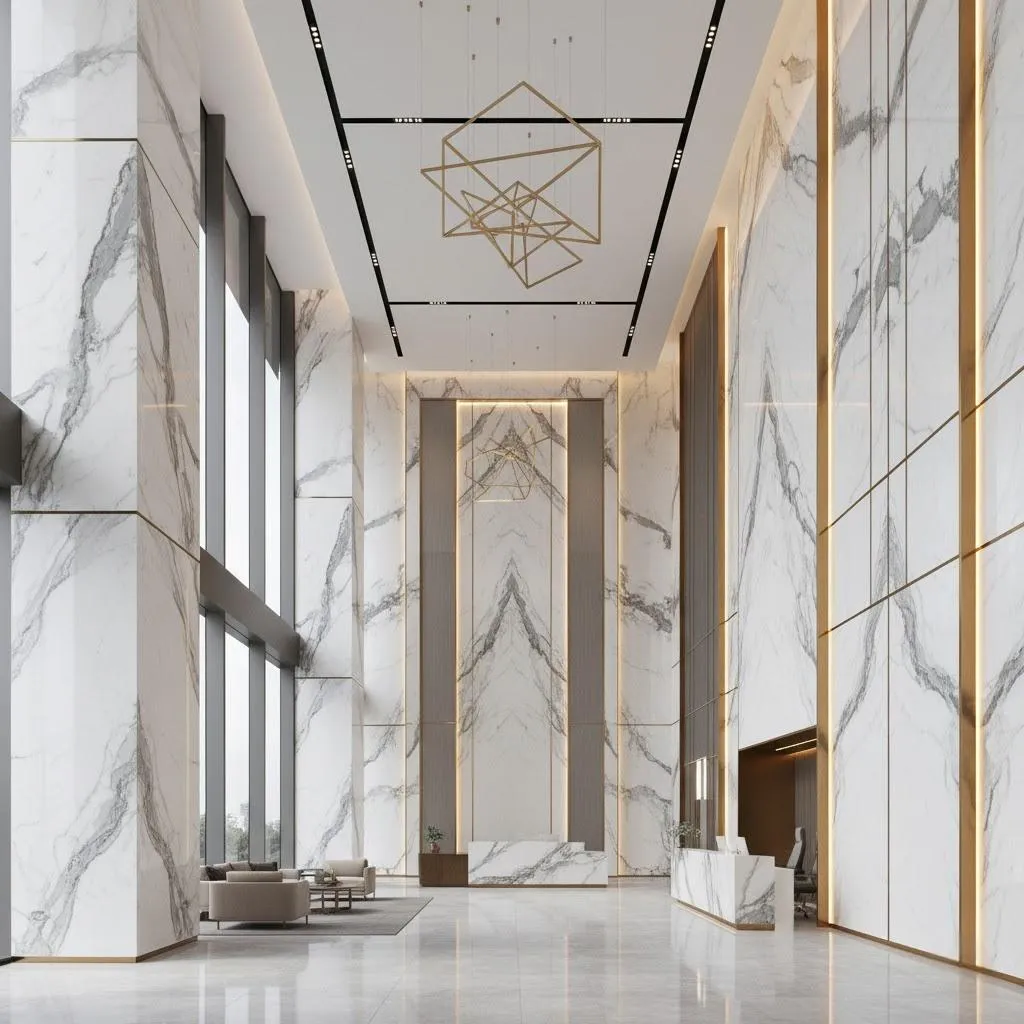 SKELO Sintered Stone Commercial Lobby Wall Cladding Singapore Office Tower Project with luxurious marble look.