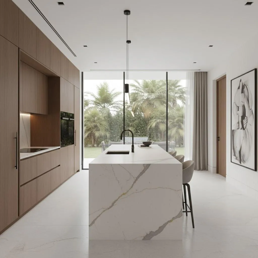 SKELO Sintered Stone Luxury Modern Villa Kitchen Interior Dubai UAE Project showcasing premium countertops and island.