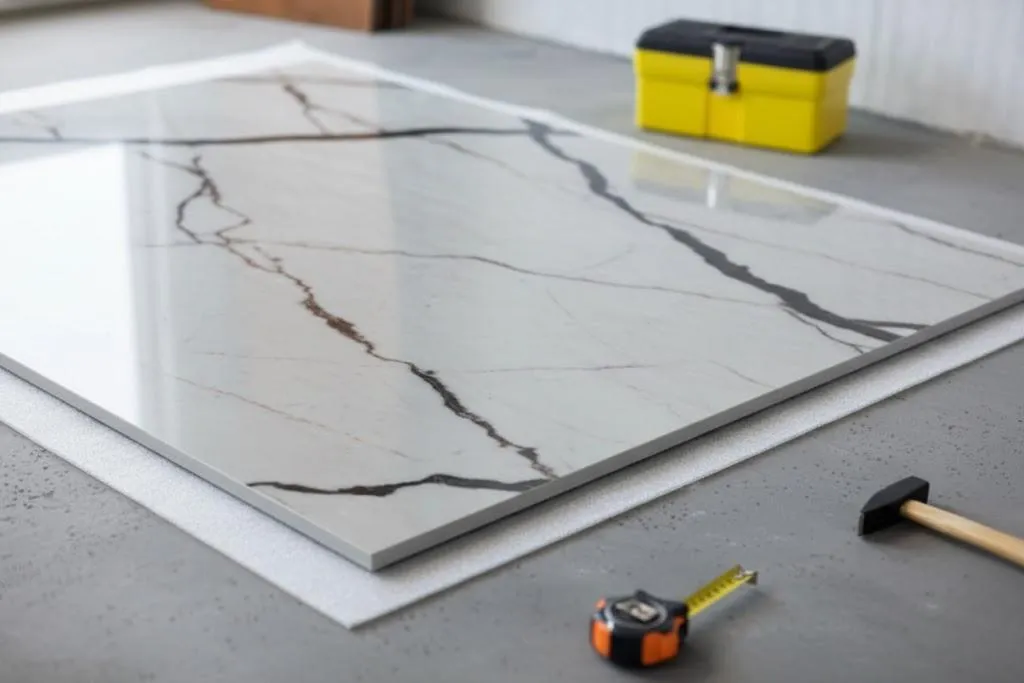 A white rock slab with dark veining rests on a light gray floor, accompanied by a yellow toolbox, tape measure, and hammer.